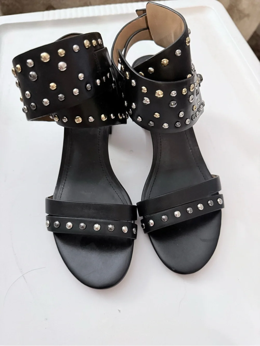 Black Studded Ankle-Strap Leather Sandals